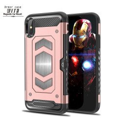 iPhone Xr 6.1in Metallic Plate Case Work with Magnetic Holder and Card Slot (Rose Gold)